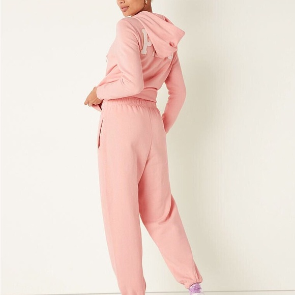 PINK Fleece Zip-Up Hoodie SET Chenille fur Logo Rosy Sweatpants - Picture 5 of 9